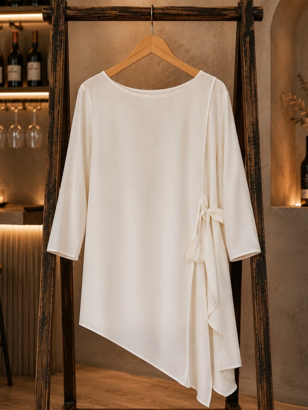 N Touch Ivory Sheer Asymmetrical Side Tie Blouse XL 3/4 Sleeve Flowy Top